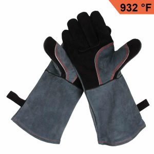 Milliongo Leather Heat Resistant BBQ Welding Gloves, Black Gray